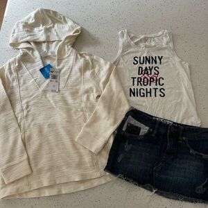 Roxy Cream Hoodie, Jean skirt and White Graphic Tank Set